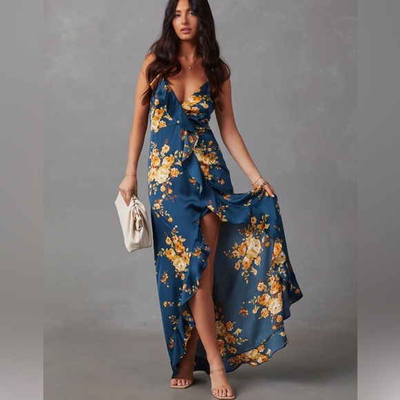 Vici Dresses & Skirts - Vici Capriccio Satin Floral Ruffle Maxi Dress